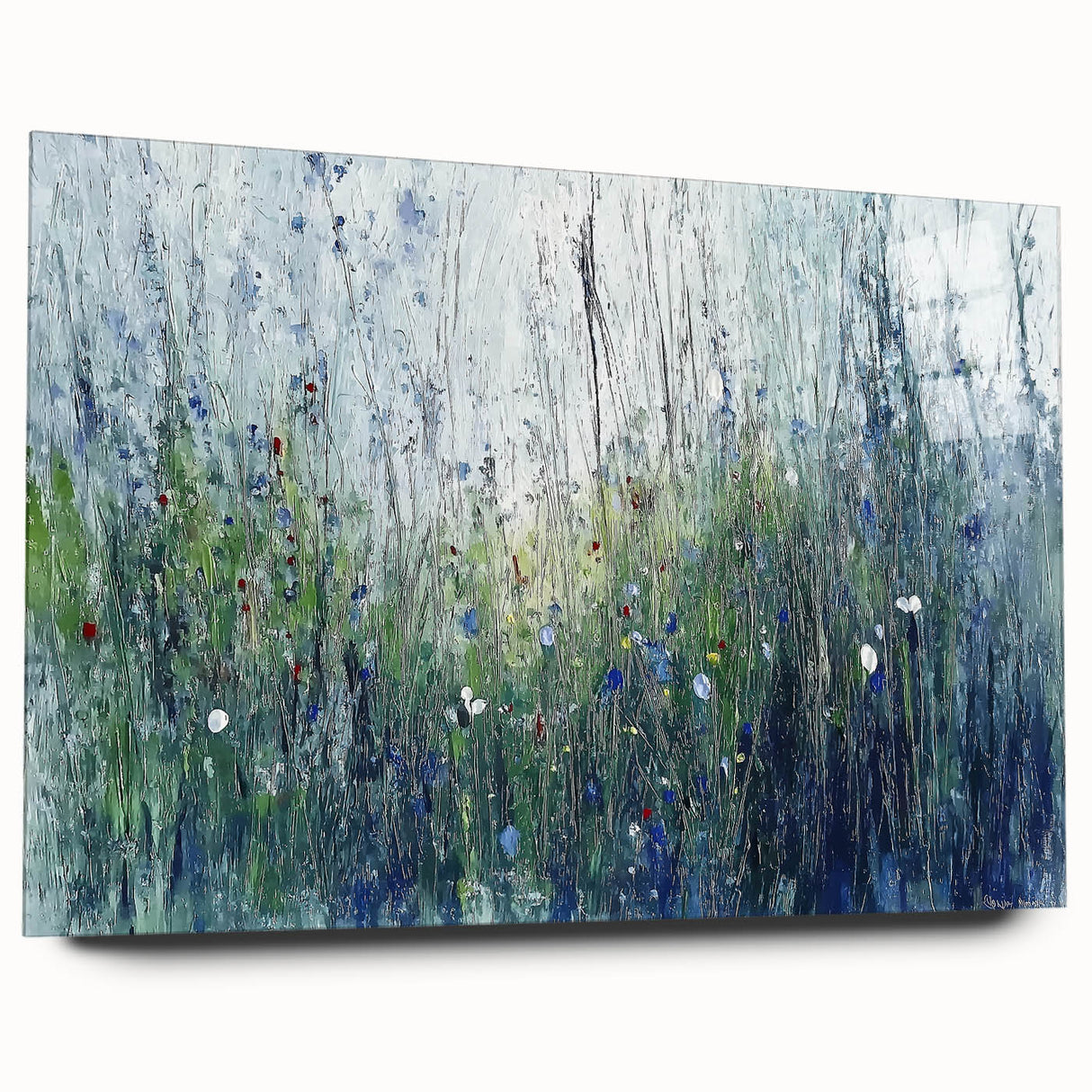 Abstract floral acrylic glass art piece showcasing vibrant colors and intricate patterns, viewed from the side without pins. Perfect for modern home decor.