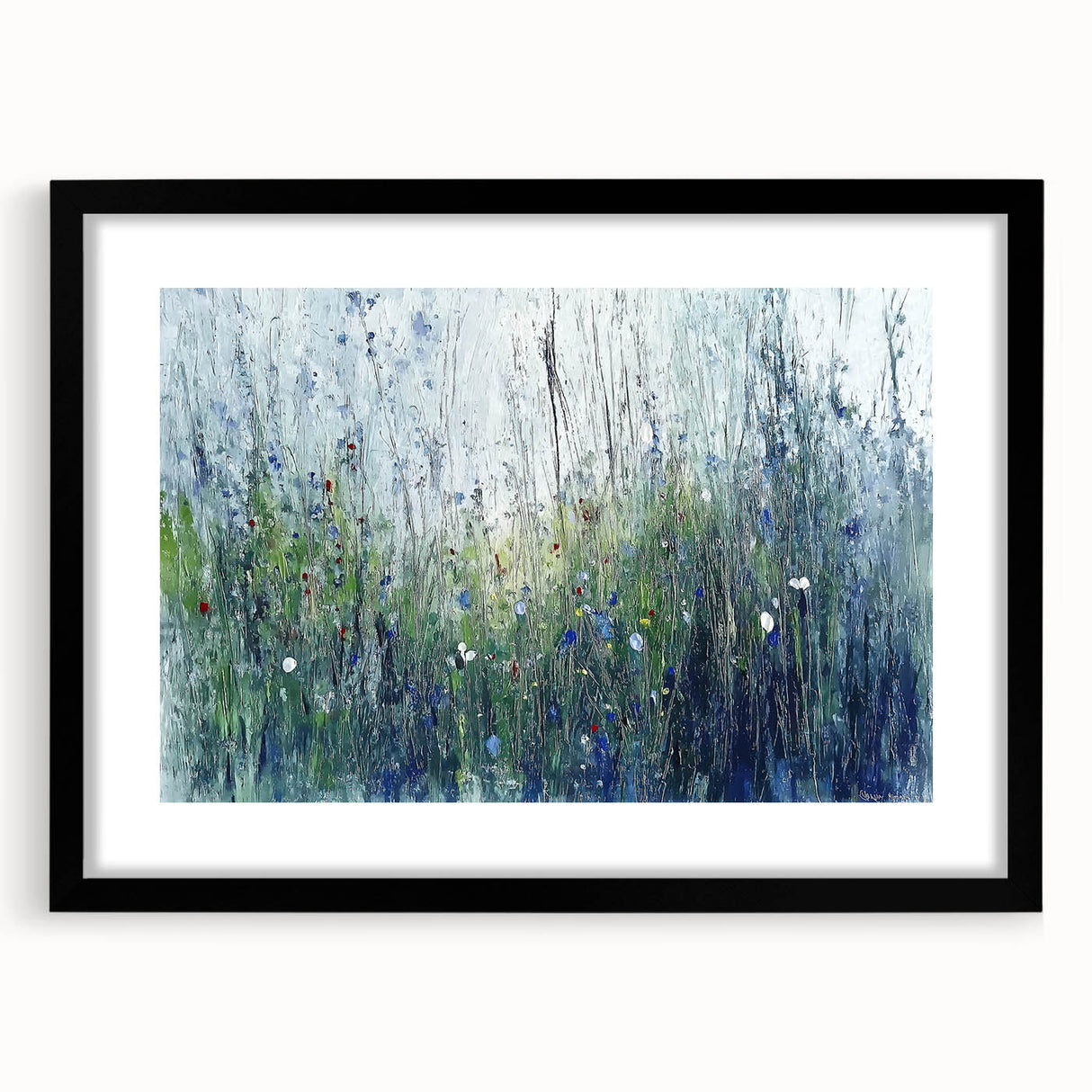 Abstract floral frame featuring a black mat, showcasing vibrant colors in a modern design, ideal for home decor or art display. Perfect for adding elegance to any space.