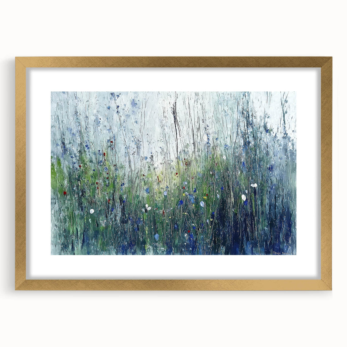 Elegant gold-framed abstract floral art piece showcasing intricate botanical designs, set against a soft mat background, perfect for enhancing modern decor.