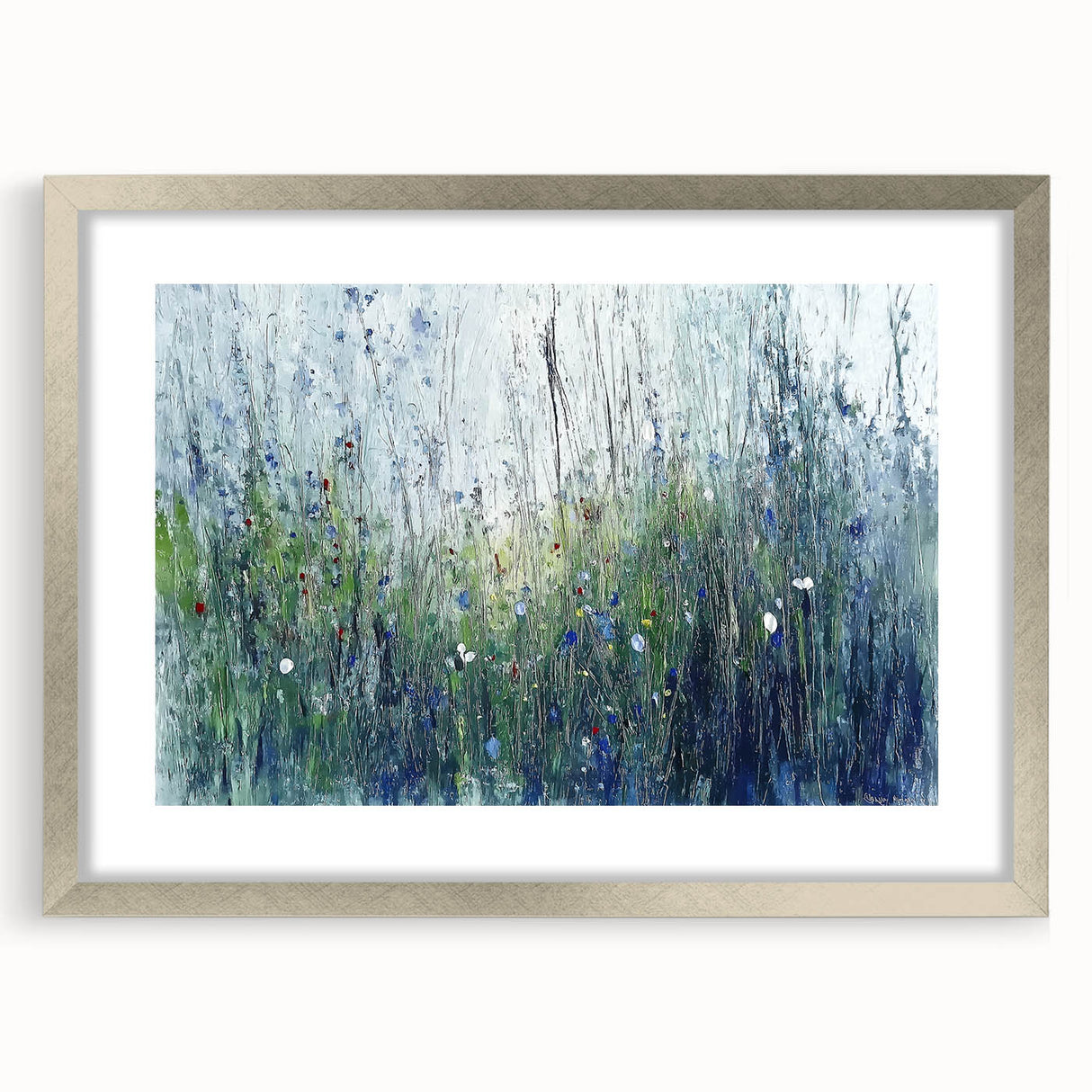 Abstract floral design framed in silver, showcasing vibrant colors and intricate details, perfect for modern home decor or art collection.