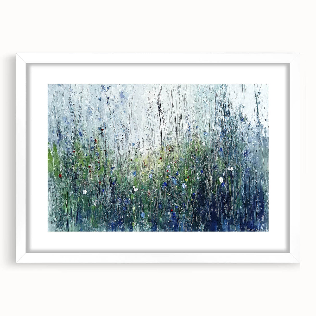 Abstract floral frame with a white matte, showcasing vibrant, colorful flowers in an intricate design. Perfect for modern decor and enhancing interior spaces.
