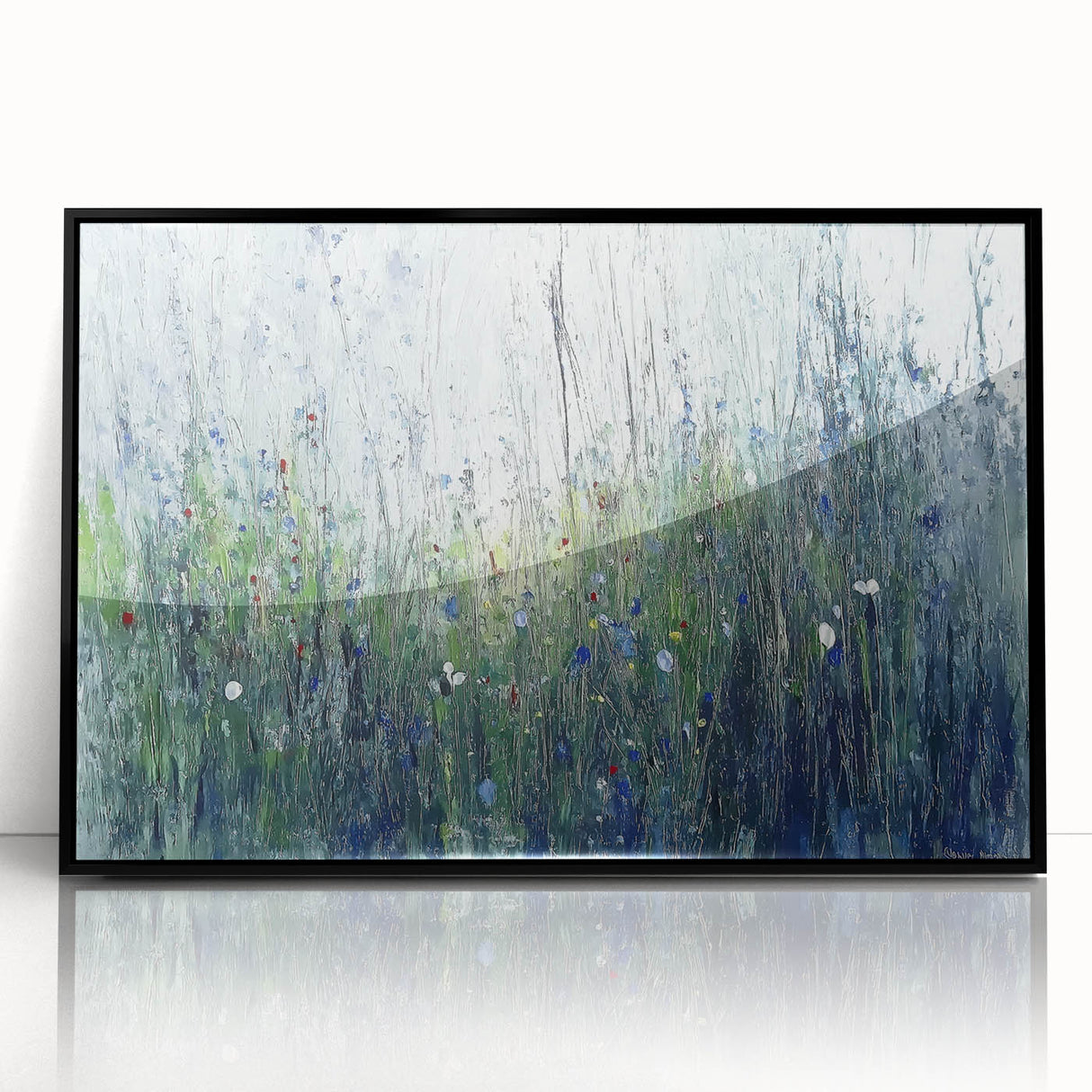 Framed acrylic artwork showcasing vibrant abstract florals in bold colors against a sleek black background, enhancing modern home decor aesthetics.