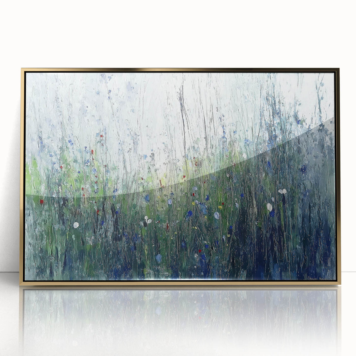 Framed acrylic artwork showcasing an abstract floral design in vibrant colors, elegantly set in a gold frame, perfect for modern home decor accents.