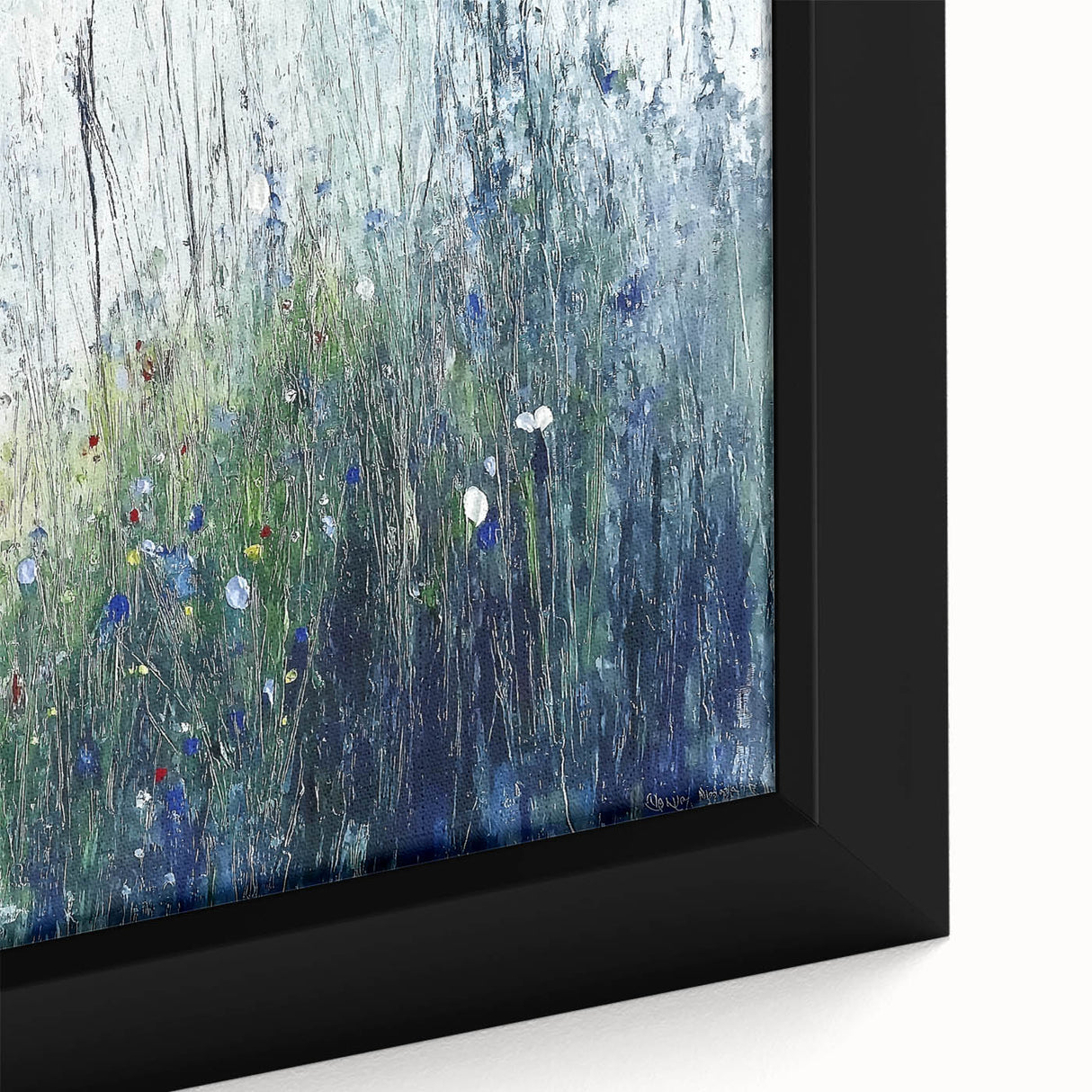 Close-up of an abstract floral framed canvas artwork showcasing vibrant colors and intricate details, perfect for modern home decor and enhancing interior aesthetics.