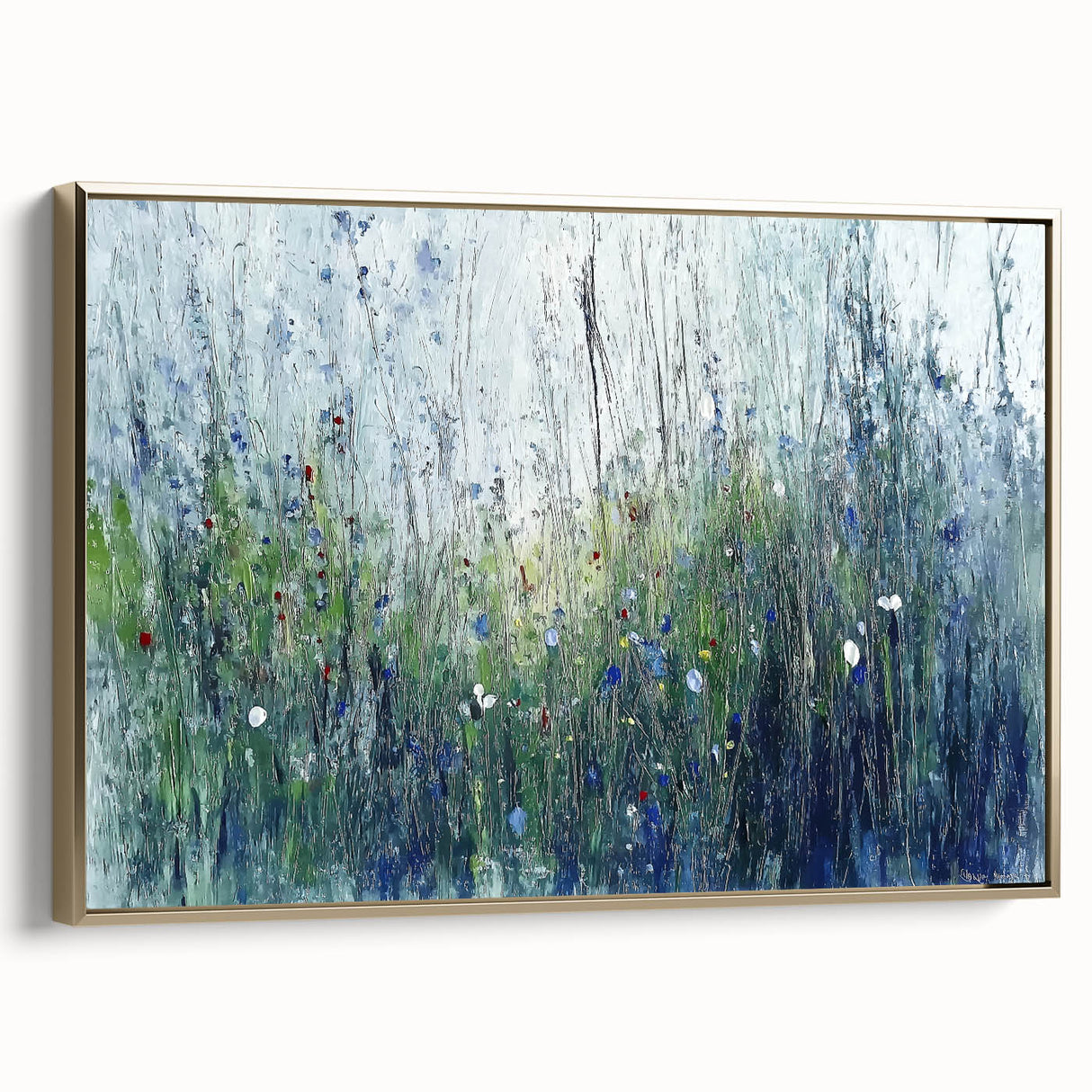 Framed canvas artwork showcasing an abstract floral design with vibrant colors, featuring a luxurious gold frame, perfect for modern home decor.