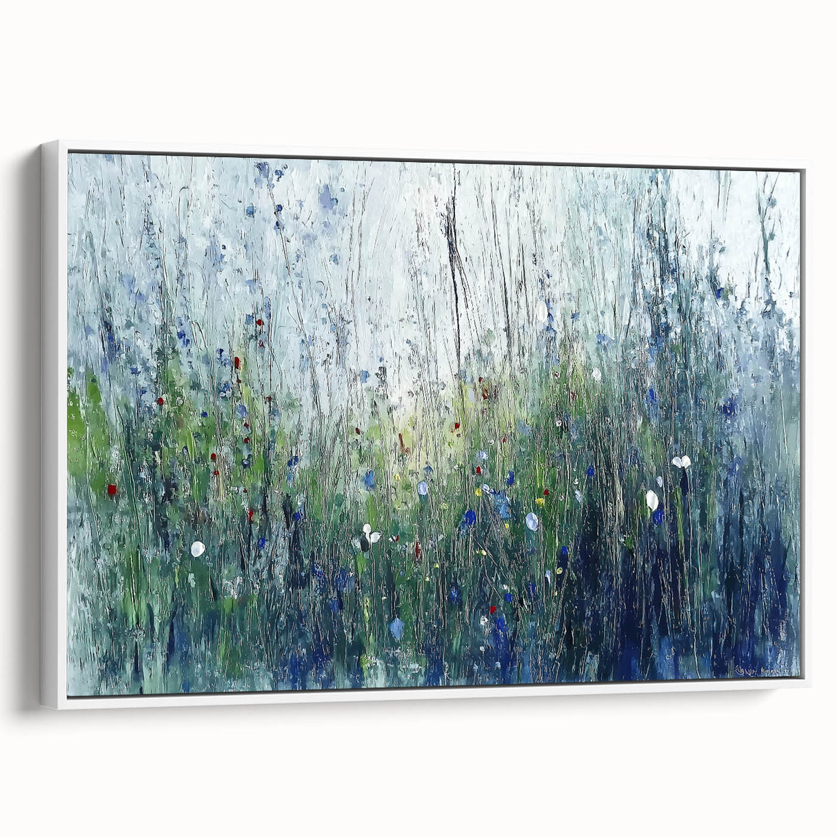 Framed canvas artwork displaying an abstract floral design with vibrant colors on a white background, highlighting intricate details and textures, ideal for modern home decor.
