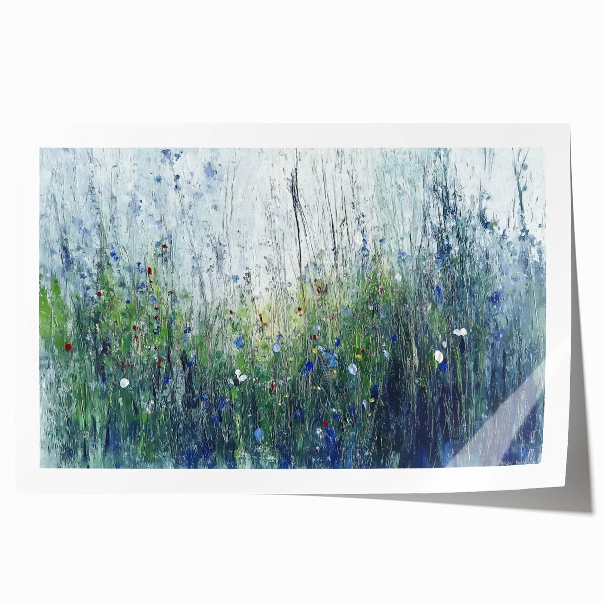 Abstract floral design rolled print featuring vibrant colors of pink, blue, and green, beautifully packaged in a protective cardboard tube for art enthusiasts. Ideal for home decor.