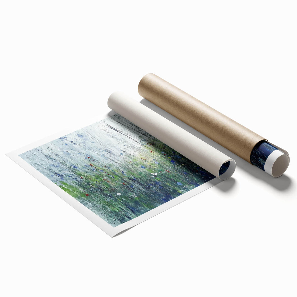 Vibrant abstract floral rolled print showcasing intricate botanical designs in hues of blue, pink, and green, ideal for home decor or artistic displays.