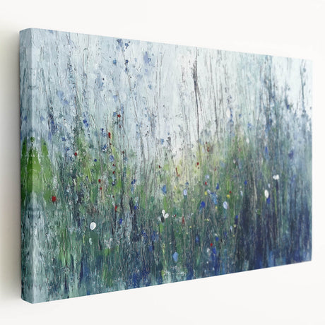 Stretched canvas artwork showcasing vibrant abstract floral designs in rich colors, viewed from the side, ideal for modern home decor and artistic spaces.