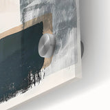 Close-up of an abstract minimalist wall art piece, showcasing vibrant colors and geometric shapes on acrylic glass, perfect for modern home decor.