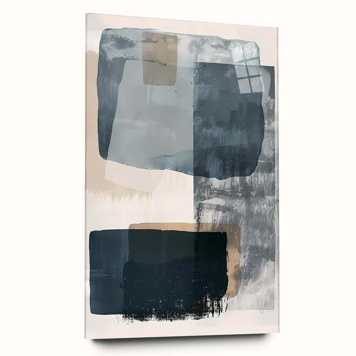 Abstract minimalist wall art in acrylic glass, showcasing a sleek side view. The artwork features soft colors and fluid shapes, perfect for modern decor.