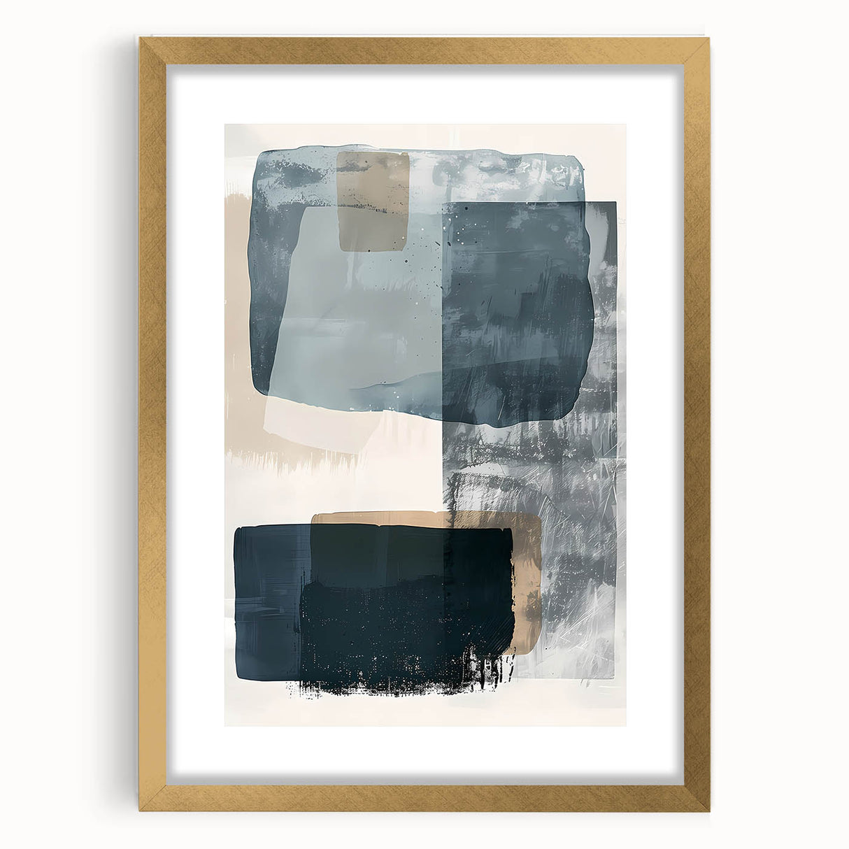 Abstract minimalist wall art framed in gold, showcasing geometric shapes and soft neutral tones, perfect for modern home decor in living rooms or offices.