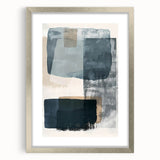 Abstract minimalist wall art framed in silver, showcasing geometric shapes with soft pastel colors, ideal for modern home décor and aesthetic enhancement.