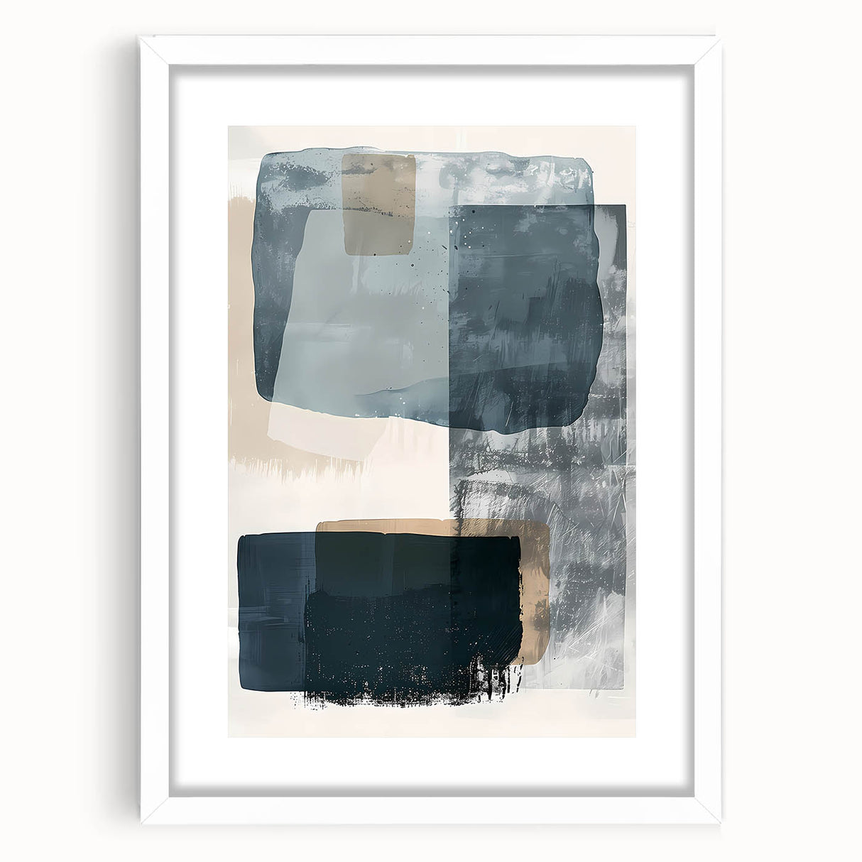 Abstract minimalist wall art framed in white mat, showcasing geometric shapes in soft hues, perfect for modern home decor. Ideal for enhancing contemporary interiors.