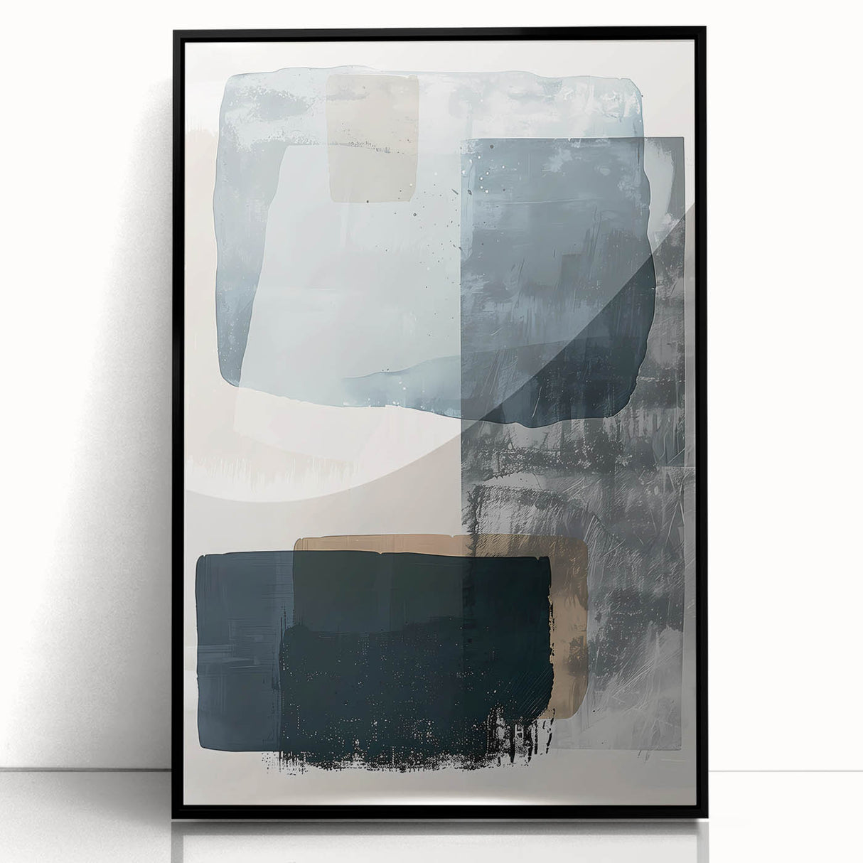 Framed abstract minimalist wall art in sleek black acrylic, showcasing geometric patterns and soft color gradients, perfect for modern home décor accents.
