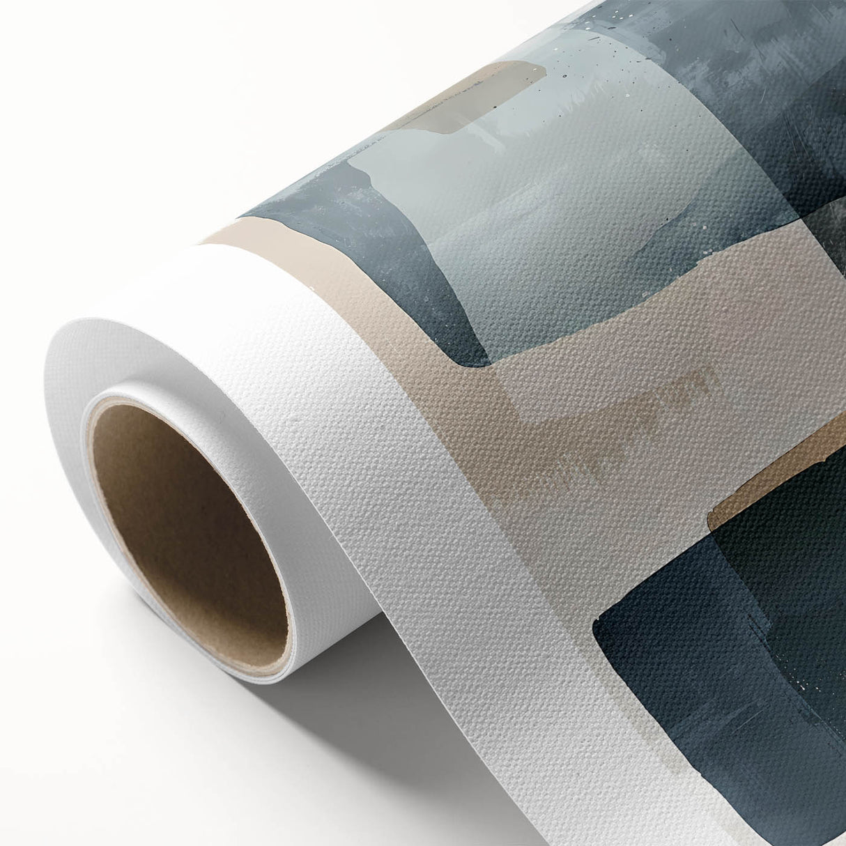 Abstract minimalist wall art design on rolled canvas featuring soft beige and gray tones, perfect for modern home decor. Packaged in a durable tube for protection.