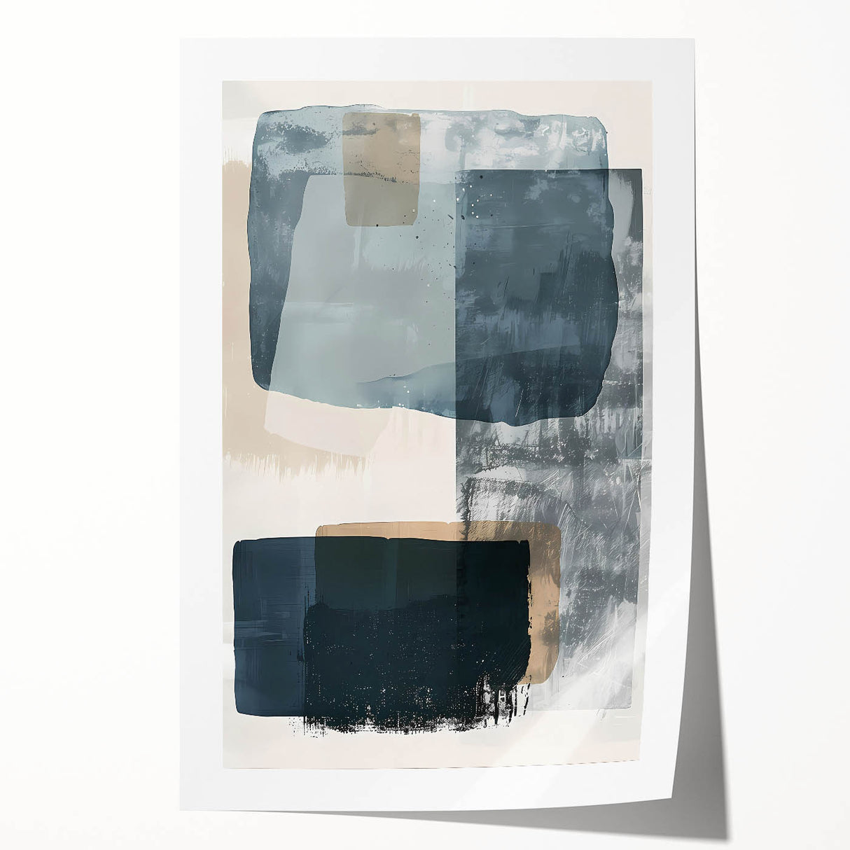 Abstract minimalist wall art print showcasing vibrant geometric shapes in shades of blue, orange, and yellow, rolled and ready for framing, perfect for modern decor.