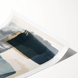 Abstract minimalist wall art print showcasing vibrant geometric shapes in shades of blue, orange, and yellow. Ideal for modern home decor, rolled for easy framing.