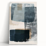 Abstract minimalist wall art canvas featuring soft pastel colors and geometric shapes, leaning against a white wall, perfect for modern home decor.