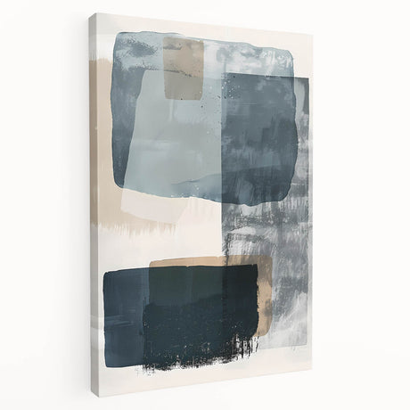 Abstract minimalist wall art canvas featuring soft pastel colors and geometric shapes, displayed in a side view to showcase its depth and texture, perfect for modern home decor.