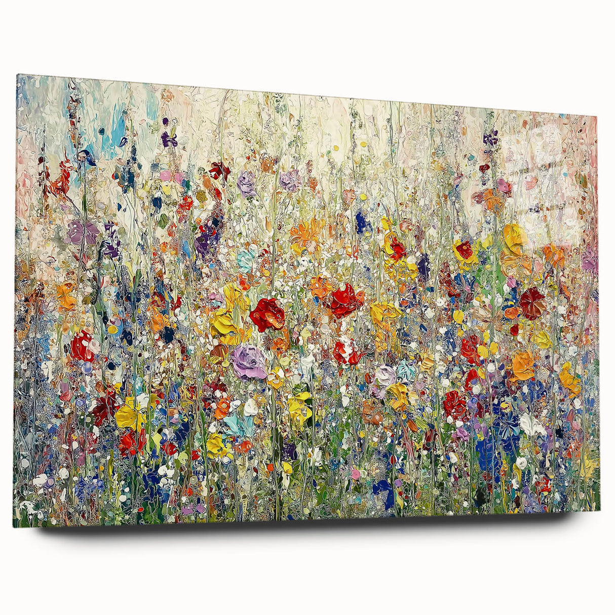 Abstract floral acrylic artwork displayed in a sleek glass frame, showcasing vibrant colors and intricate patterns, perfect for modern home decor.