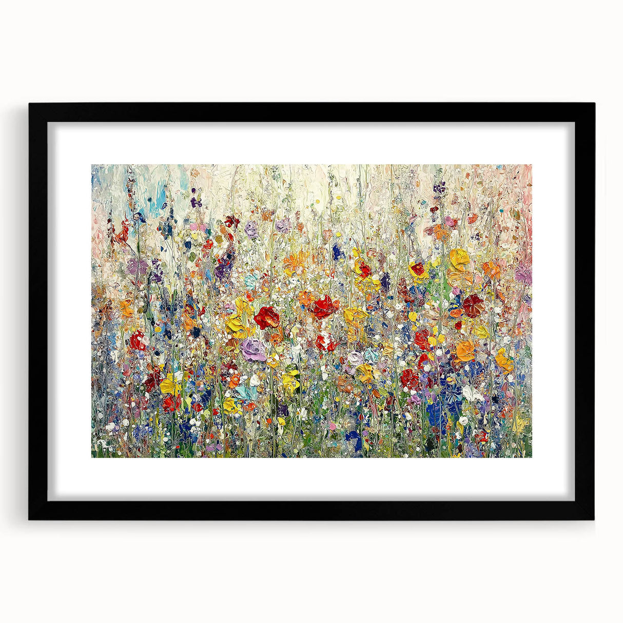 Abstract floral artwork framed in a sleek black mat, showcasing vibrant colors and intricate designs, ideal for modern home decor or art enthusiasts.