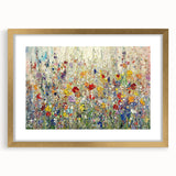 Abstract floral artwork framed in matte gold, showcasing vibrant colors and intricate details, perfect for modern home decor and stylish interiors.