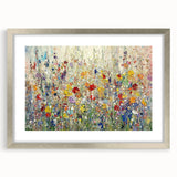 Abstract floral art frame with a silver mat, showcasing vibrant colors and intricate designs, perfect for enhancing modern home decor styles.