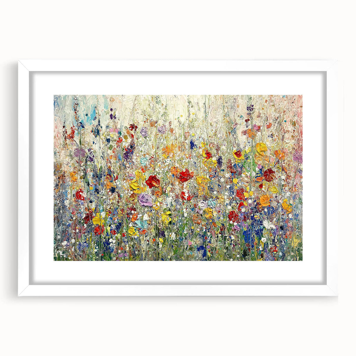 Abstract floral frame with a white mat, showcasing vibrant colors and intricate patterns, ideal for enhancing modern home decor and art collections.