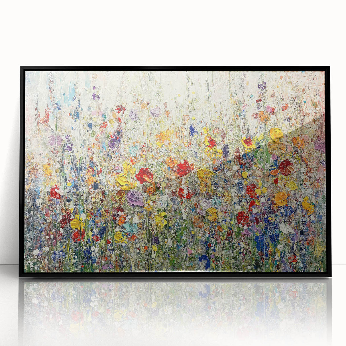 Framed acrylic artwork showcasing vibrant abstract floral designs in a sleek black frame, perfect for modern home decor, adding a touch of elegance to any room.