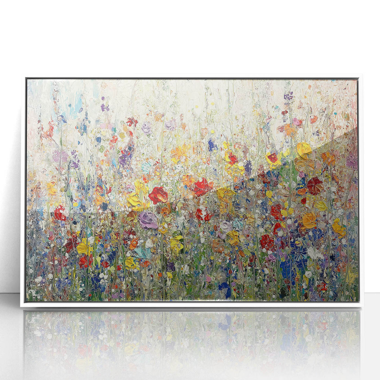 Framed acrylic wall art showcasing an abstract floral design in vibrant colors, set against a sleek white background, perfect for modern home decor.
