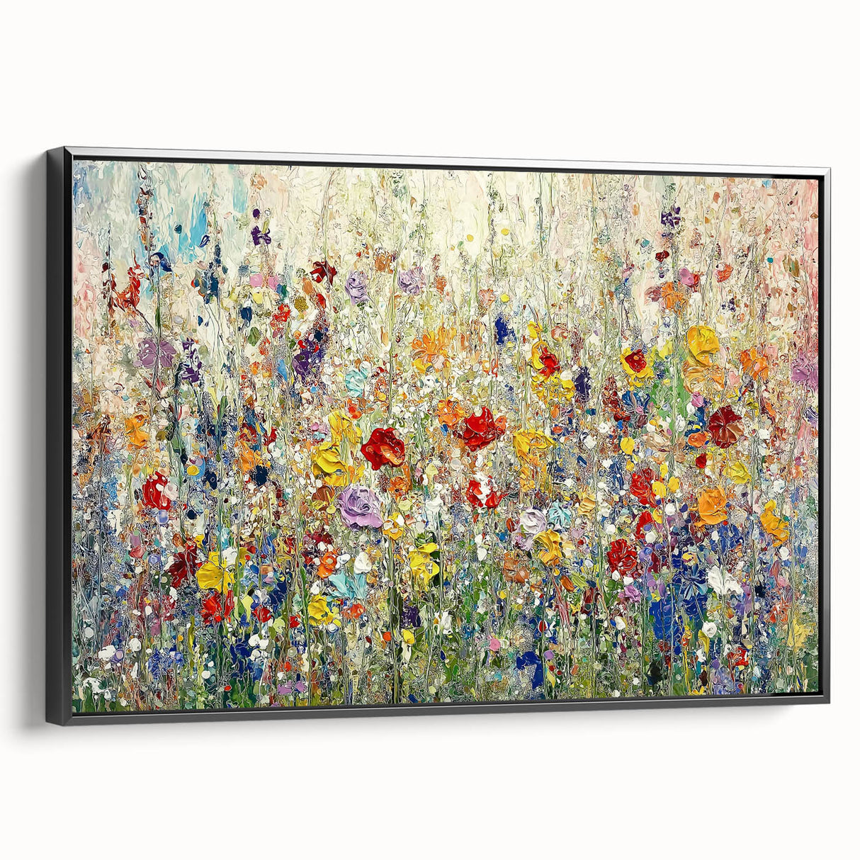 Framed canvas artwork showcasing a vibrant abstract floral design in a black frame, viewed from the side. Ideal for modern home decor and wall aesthetics.