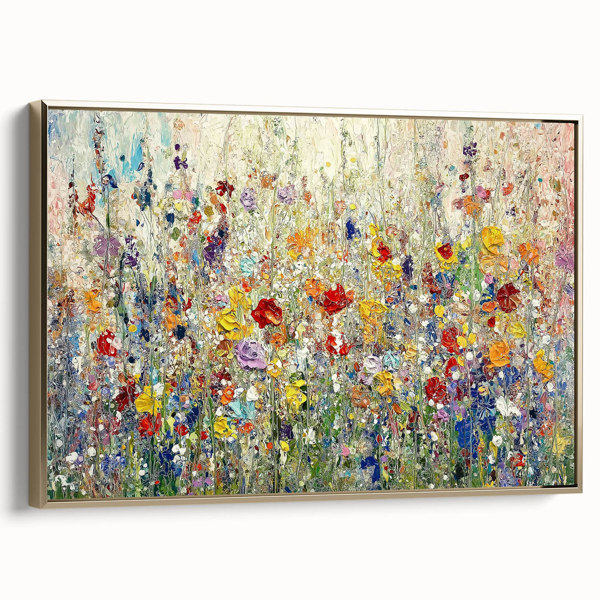 Framed canvas artwork titled "Abstract Florals," showcasing vibrant gold accents and intricate floral patterns, elegantly displayed from a side view. Perfect for modern home decor.
