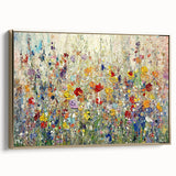 Framed canvas artwork titled "Abstract Florals," showcasing vibrant gold accents and intricate floral patterns, elegantly displayed from a side view. Perfect for modern home decor.
