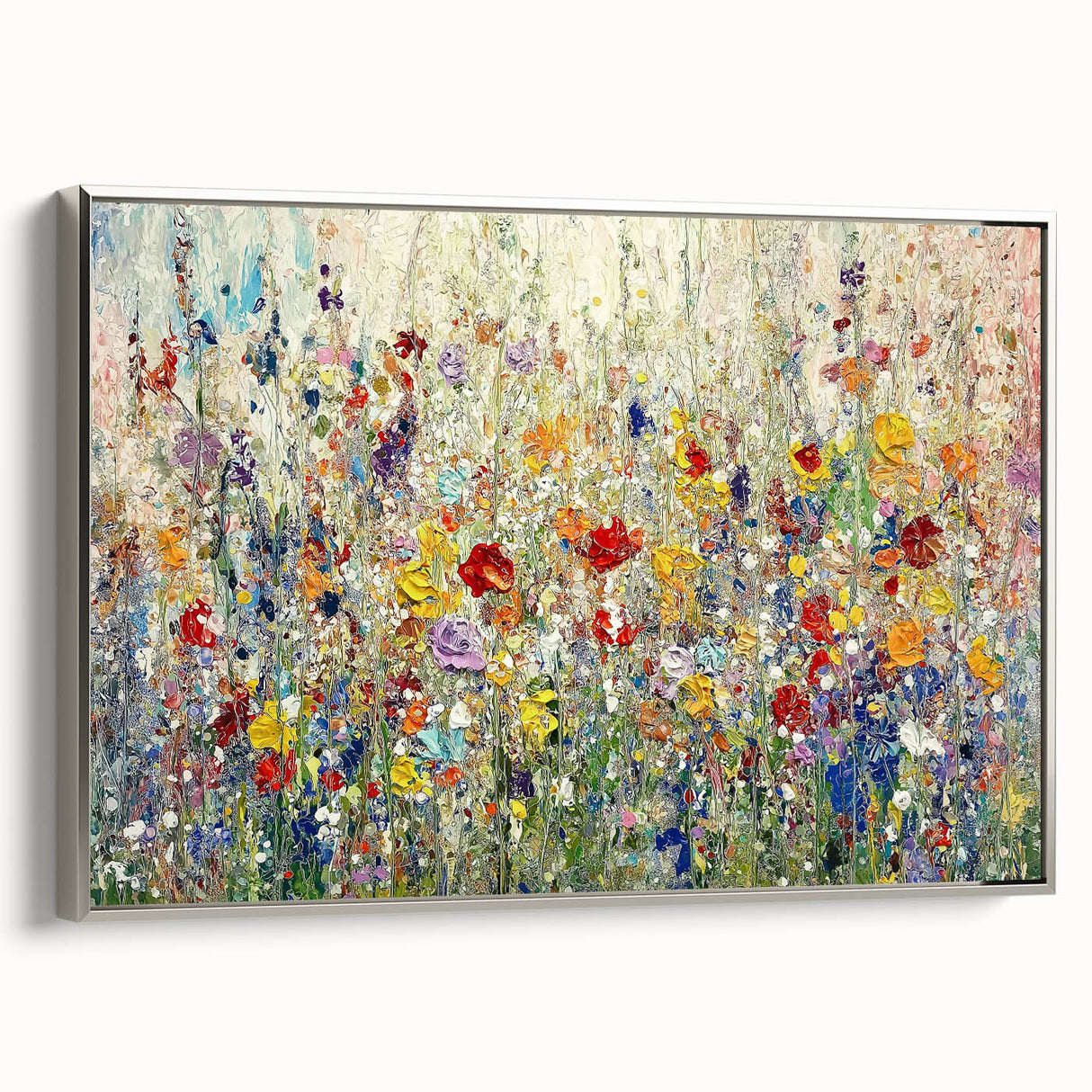 Framed canvas artwork showcasing abstract floral designs in vibrant colors, presented in a sleek silver frame, ideal for modern home decor.