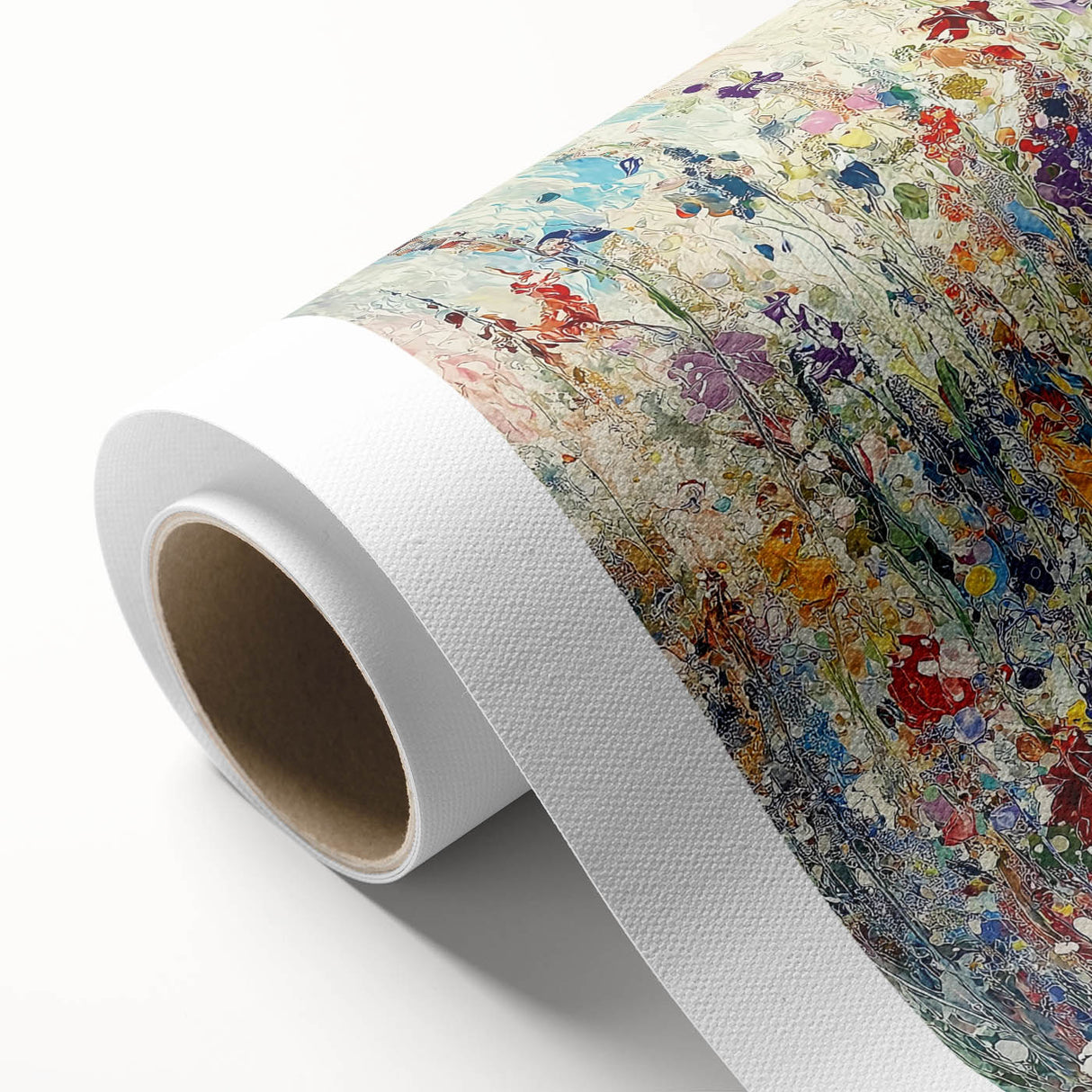 Abstract floral design on rolled canvas showcasing vibrant colors and intricate patterns, elegantly packaged in a protective cardboard tube for safe shipping. Perfect for home decor or art enthusiasts seeking unique wall art.