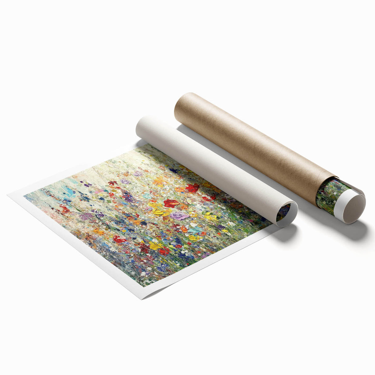 Abstract floral art print showcasing vibrant colors and intricate designs on a rolled canvas, ideal for home decor. Packaged securely in a cardboard tube for safe delivery.