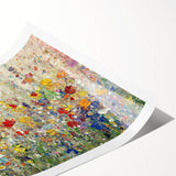 Abstract floral rolled print showcasing vibrant colors including pink, blue, and yellow flowers against a soft cream background, perfect for home decor.