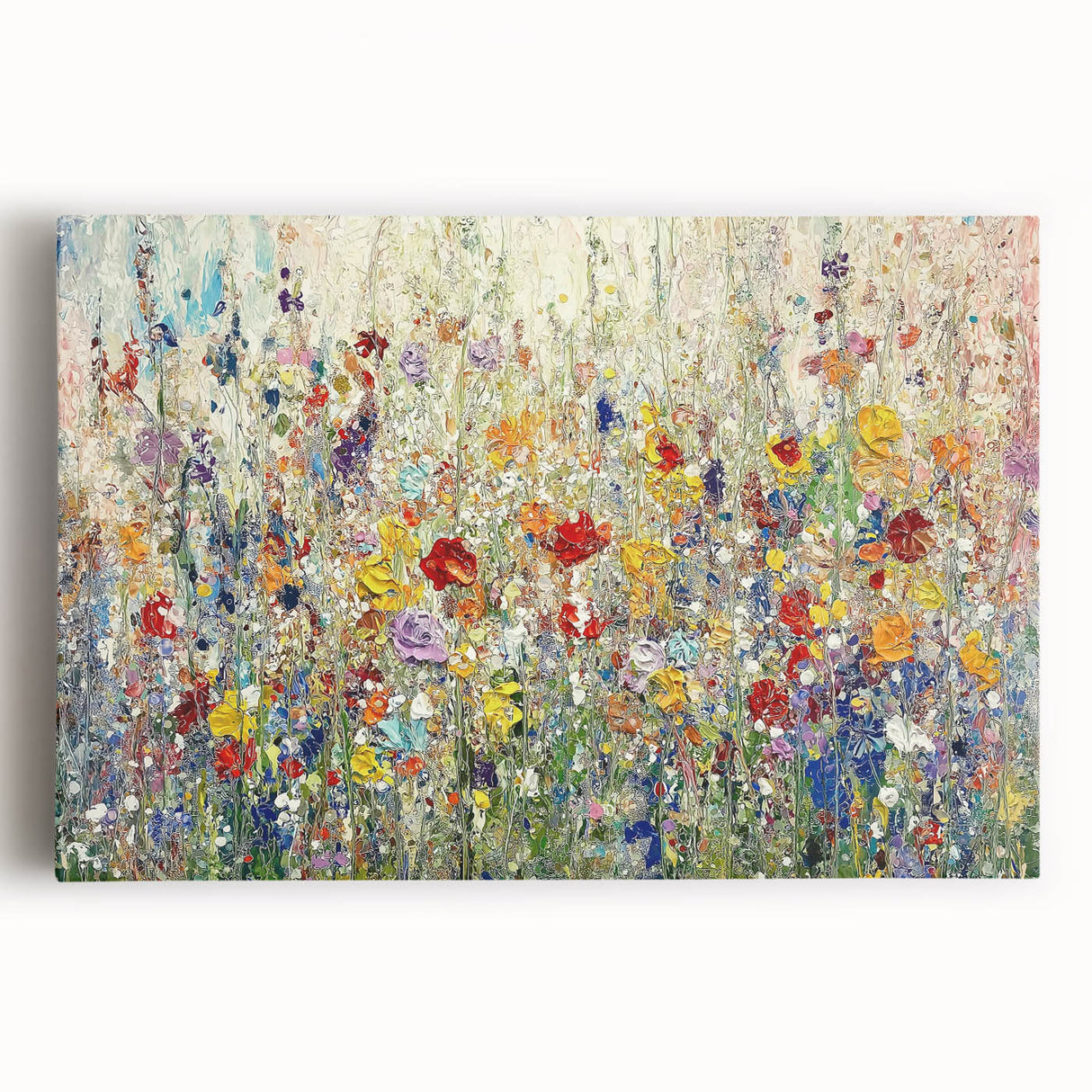 Vibrant abstract floral design on stretched canvas, showcasing bold colors like teal, pink, and gold, perfect for modern home decor as a statement piece.