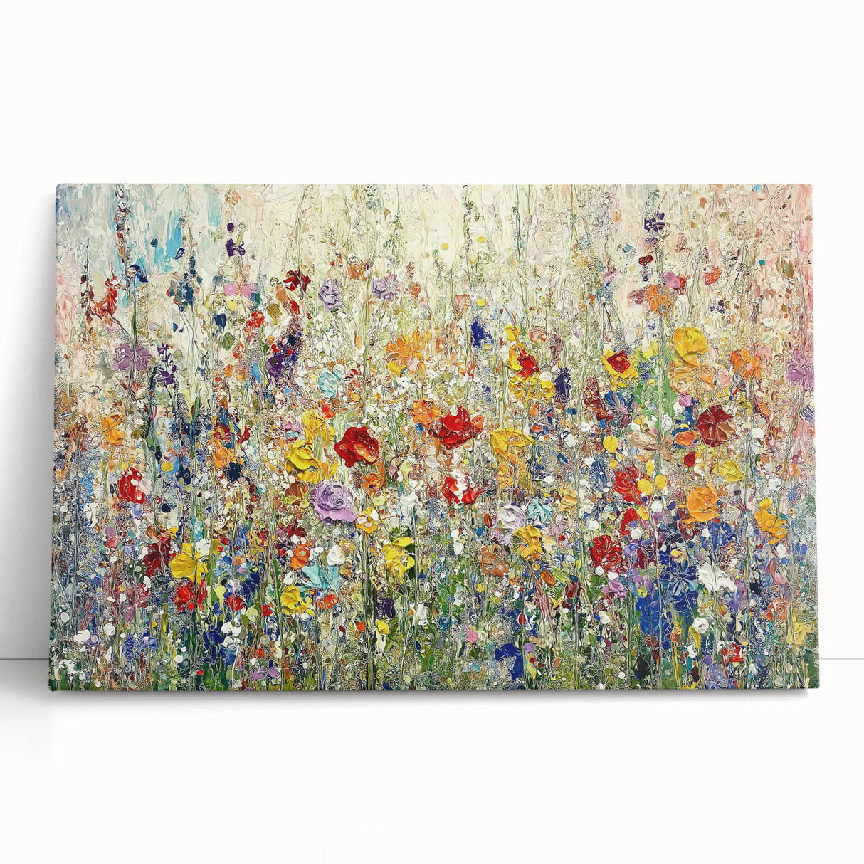 Abstract floral canvas art featuring vibrant colors and intricate designs, leaning against a neutral wall. Perfect for modern home decor, adding elegance and style.