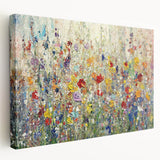 Abstract floral stretched canvas artwork showcasing vibrant colors and intricate patterns, displayed in a side view, perfect for modern home decor.