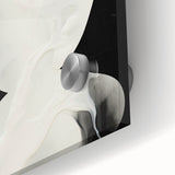 Close-up of a vibrant abstract minimalist wall art piece featuring fluid shapes and soft colors, set against a sleek acrylic glass background, ideal for modern decor.