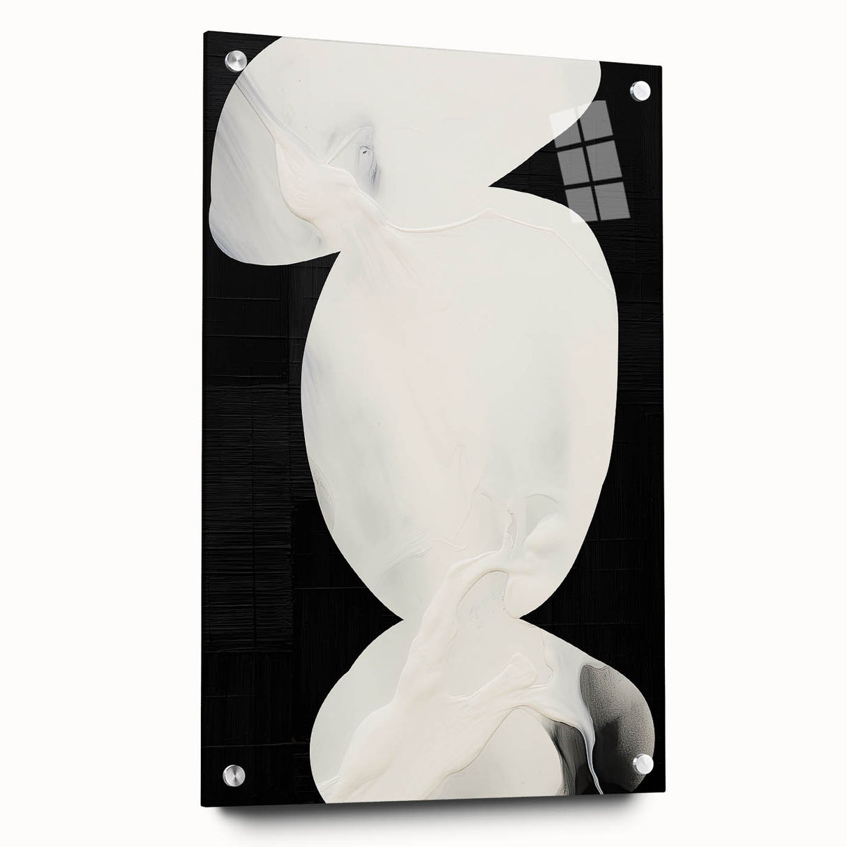 Abstract minimalist wall art piece featuring smooth acrylic glass, elegantly displayed from the side view with metal pins, perfect for modern home decor.