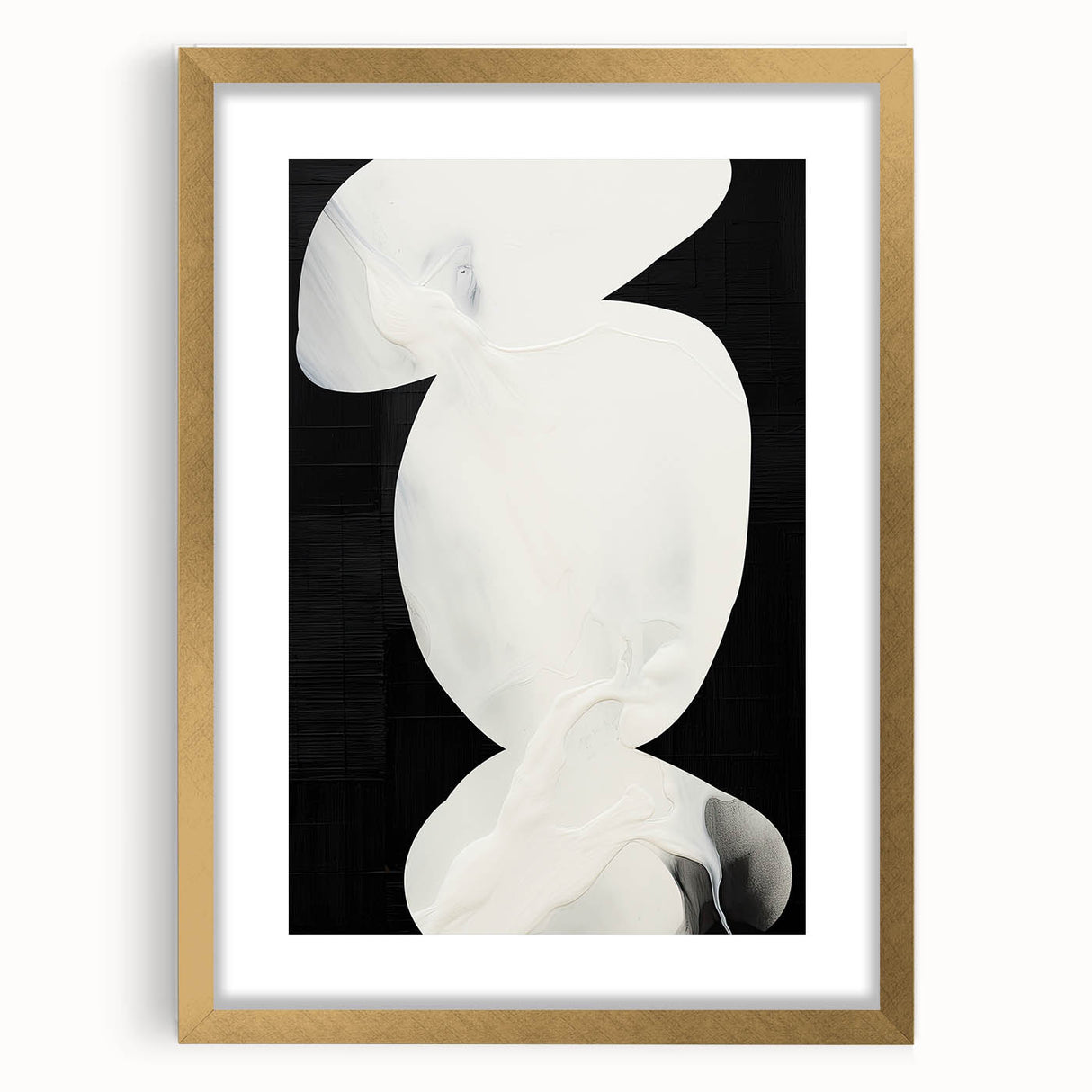 Abstract minimalist wall art framed in gold, showcasing a geometric design with soft neutral tones, perfect for modern home decor. The mat adds a refined touch, enhancing the artwork's elegance and versatility in various settings.