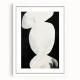 Abstract minimalist wall art framed in white with a mat, showcasing geometric shapes and soft colors, ideal for modern home decor.