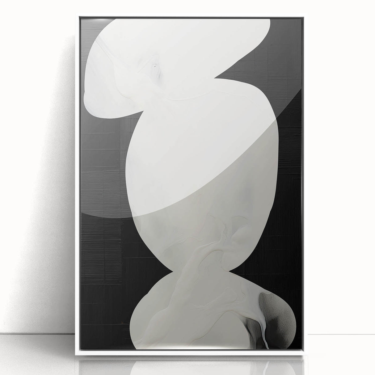 Framed abstract minimalist wall art in white acrylic, showcasing a sleek front view design with subtle textures, perfect for modern home decor. This piece enhances contemporary interiors with its elegant simplicity and artistic flair.
