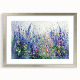 Abstract floral frame with a silver mat, showcasing vibrant colors and intricate designs, ideal for modern home decor or gallery wall displays.