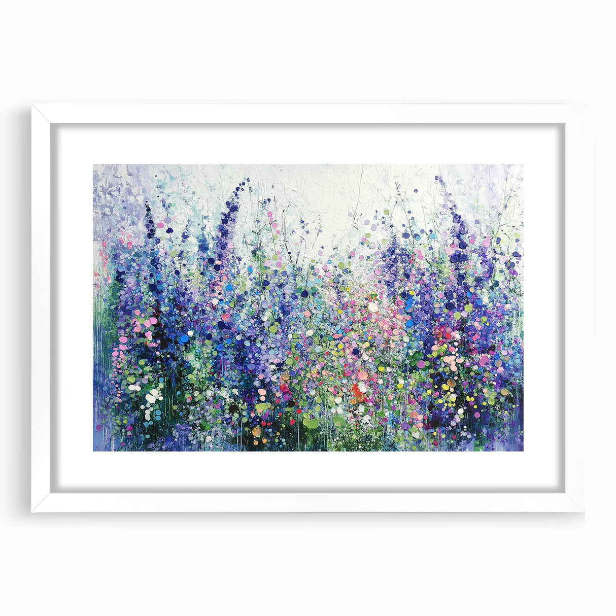 Abstract floral frame artwork with a white mat, showcasing vibrant colors and intricate designs, perfect for modern home decor or gallery displays. Ideal for adding a touch of elegance to any space.
