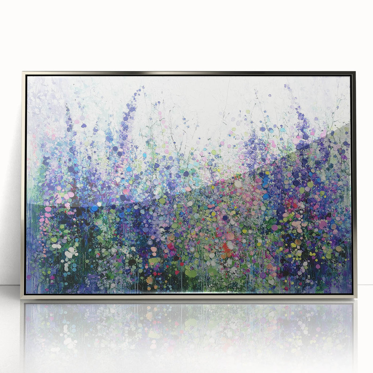 Framed acrylic artwork showcasing vibrant abstract floral designs in silver and white hues, perfect for modern home decor. Ideal for adding a touch of elegance and creativity to living spaces.