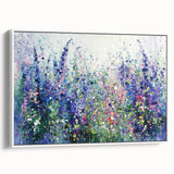 Framed canvas artwork showcasing an abstract floral design with vibrant colors and intricate details, positioned against a white background to highlight its elegance. Perfect for enhancing modern home decor and adding a touch of nature-inspired aesthetics.